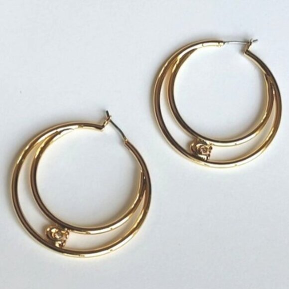 Coach Earrings Hoops Gold Signature C Zirconia Double Hoop Gold NEW - Picture 3 of 11